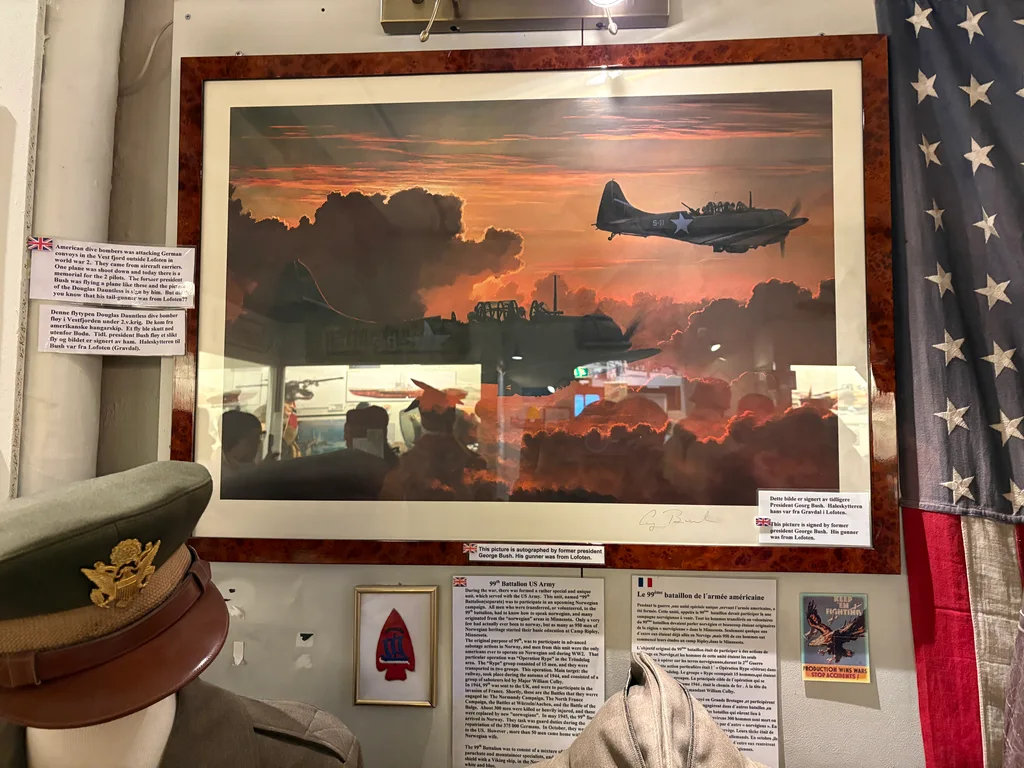 A painting by George H. W. Bush, autographed too. He was a Navy pilot at WWII, his gunman was a Norwegian from Lofoten
