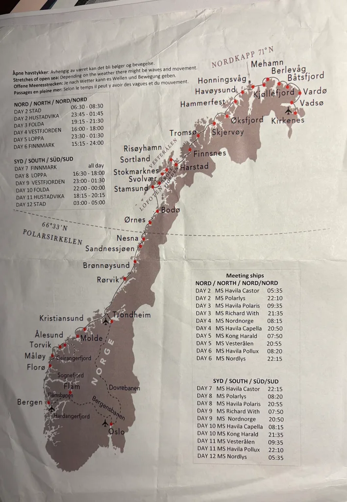 The cruise route and all the ports it stopped. It also listed all the open sea time and when there is a ship passing.