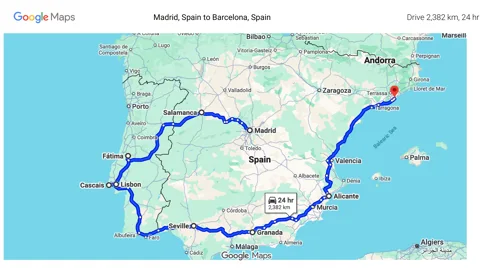 Our Bus Route from Madrid to Barcelona - total 2382 km (1480 miles)